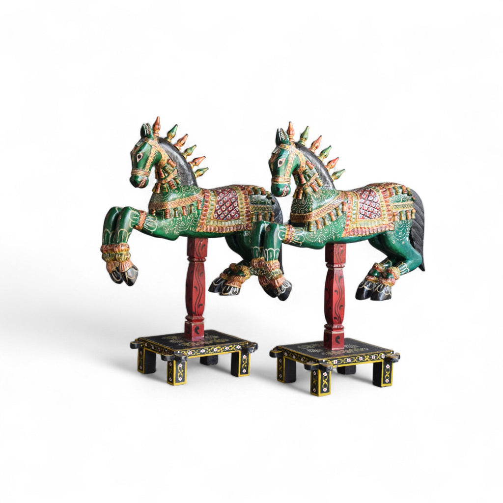 Handcrafted Green Wooden Horse Figurines