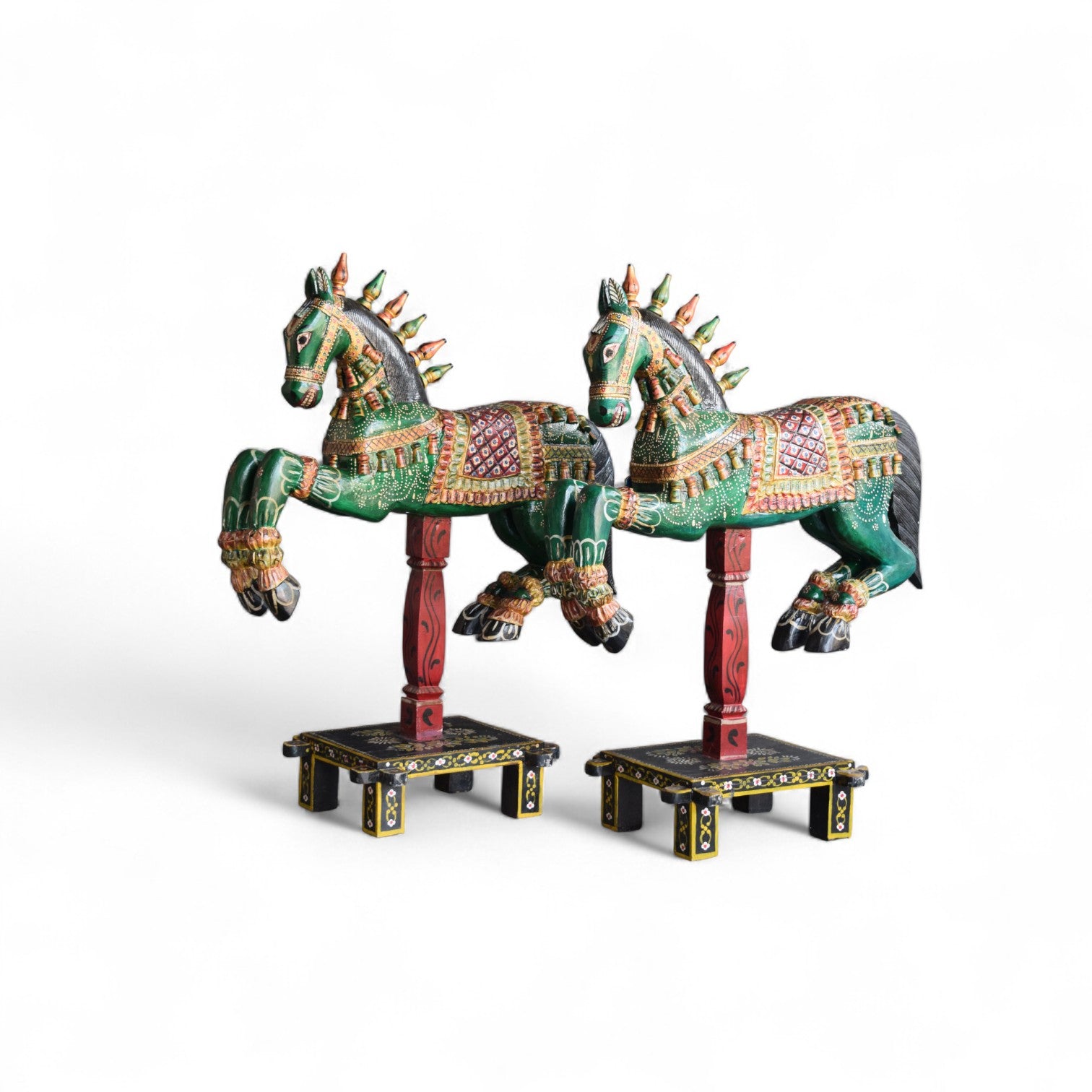 Handcrafted Green Wooden Horse Figurines