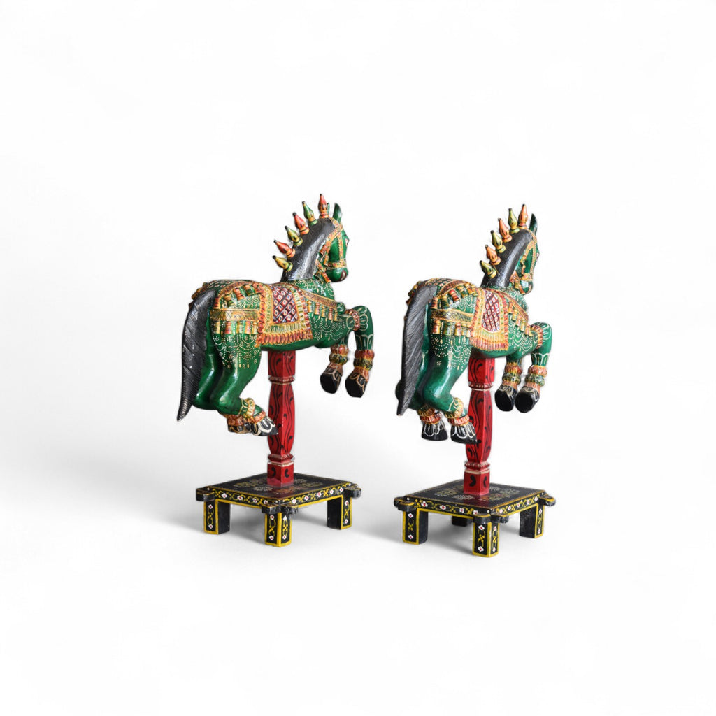 Handcrafted Green Wooden Horse Figurines