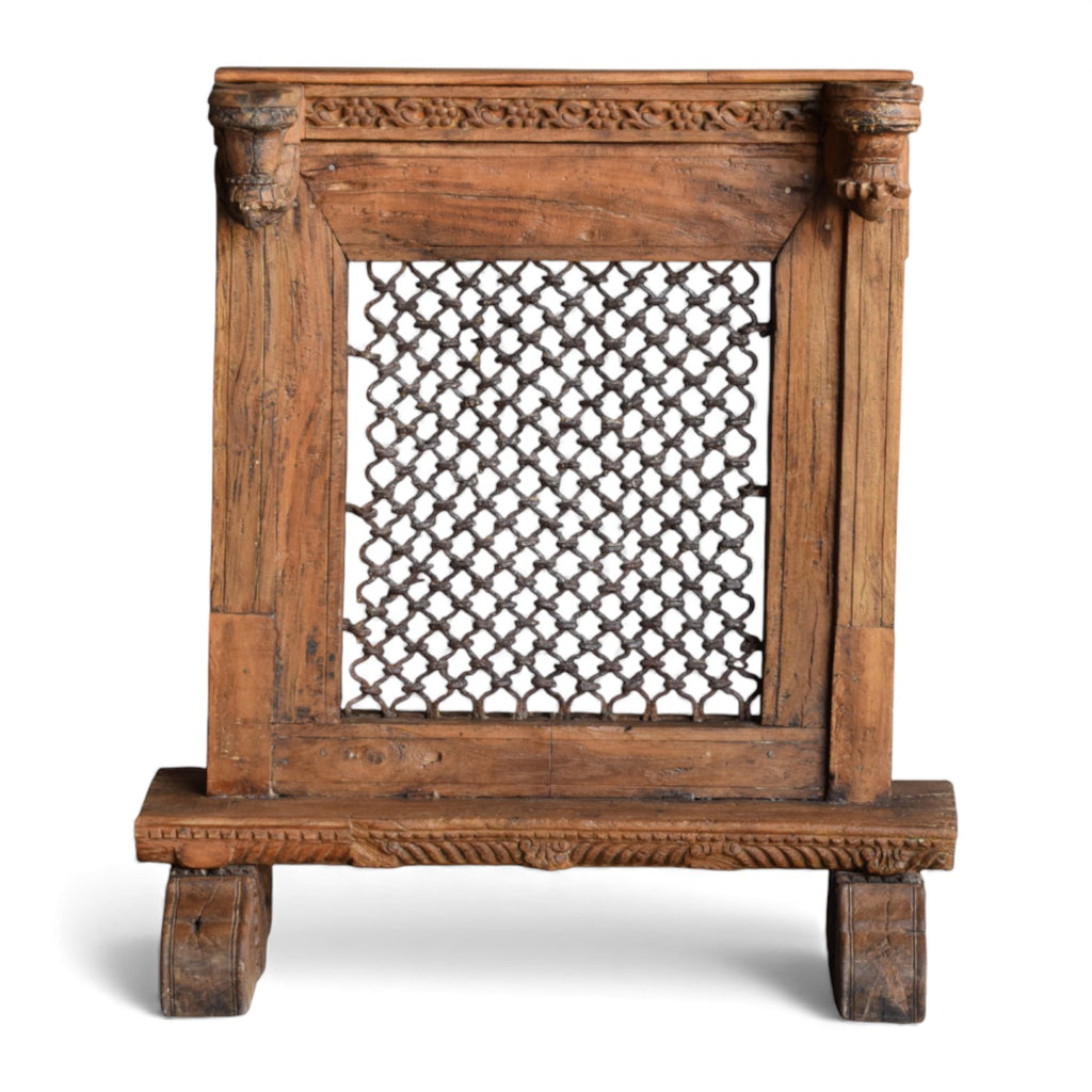 Vintage Wooden Jharokha Frame with Iron Grid