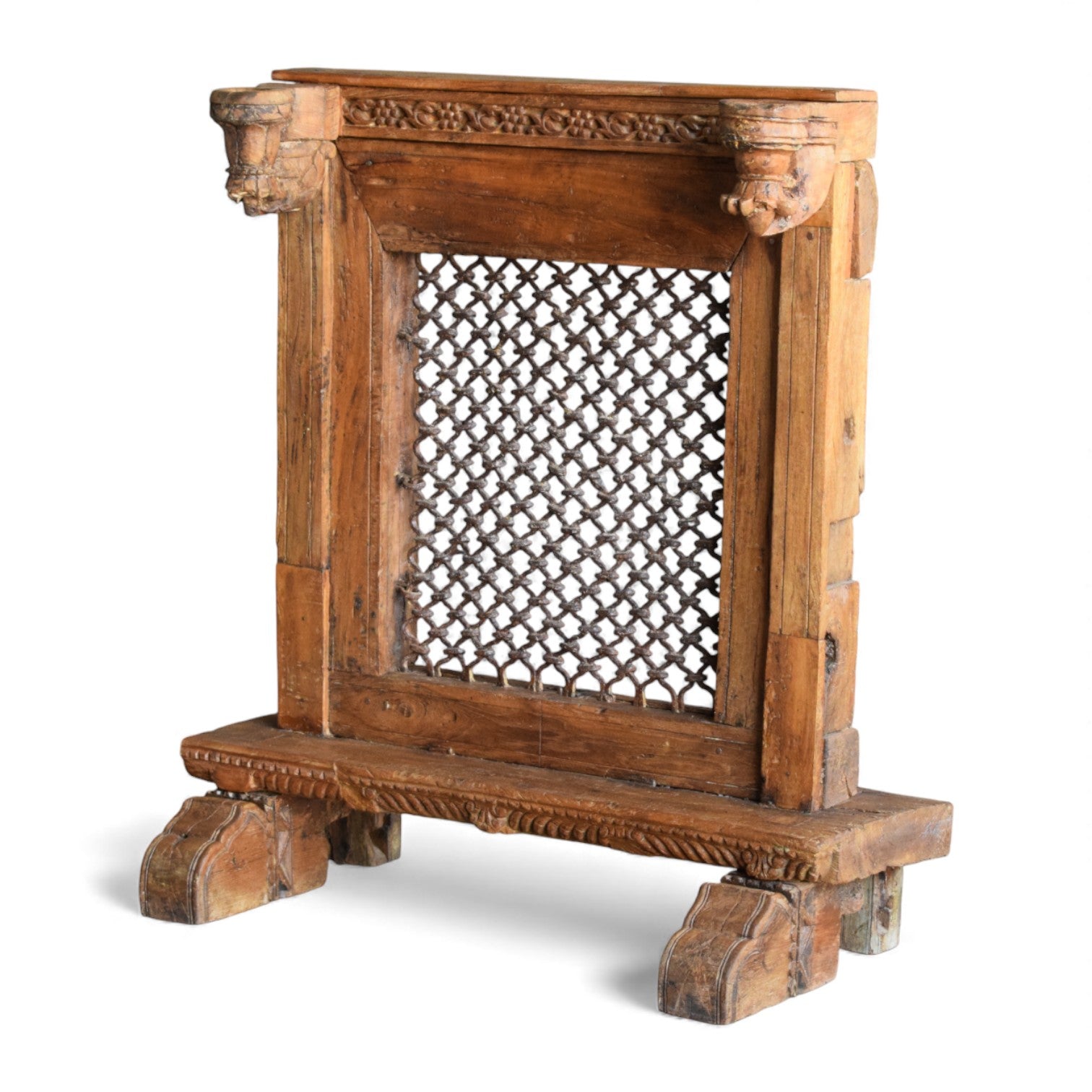 Vintage Wooden Jharokha Frame with Iron Grid
