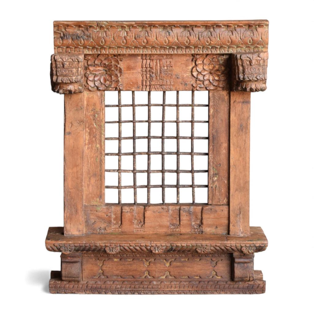 Vintage Wooden Jharokha Frame with Iron Grid
