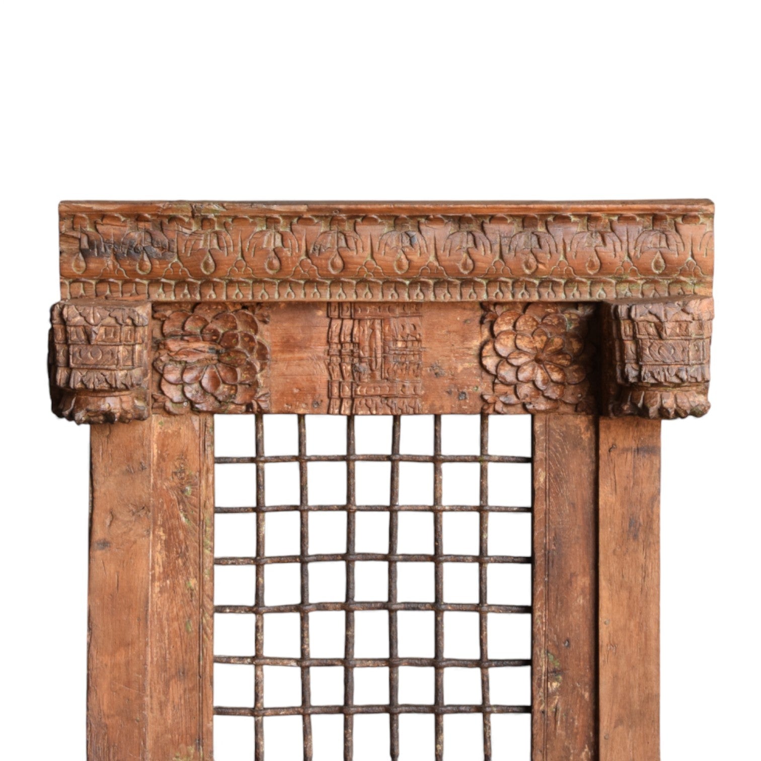 Vintage Wooden Jharokha Frame with Iron Grid