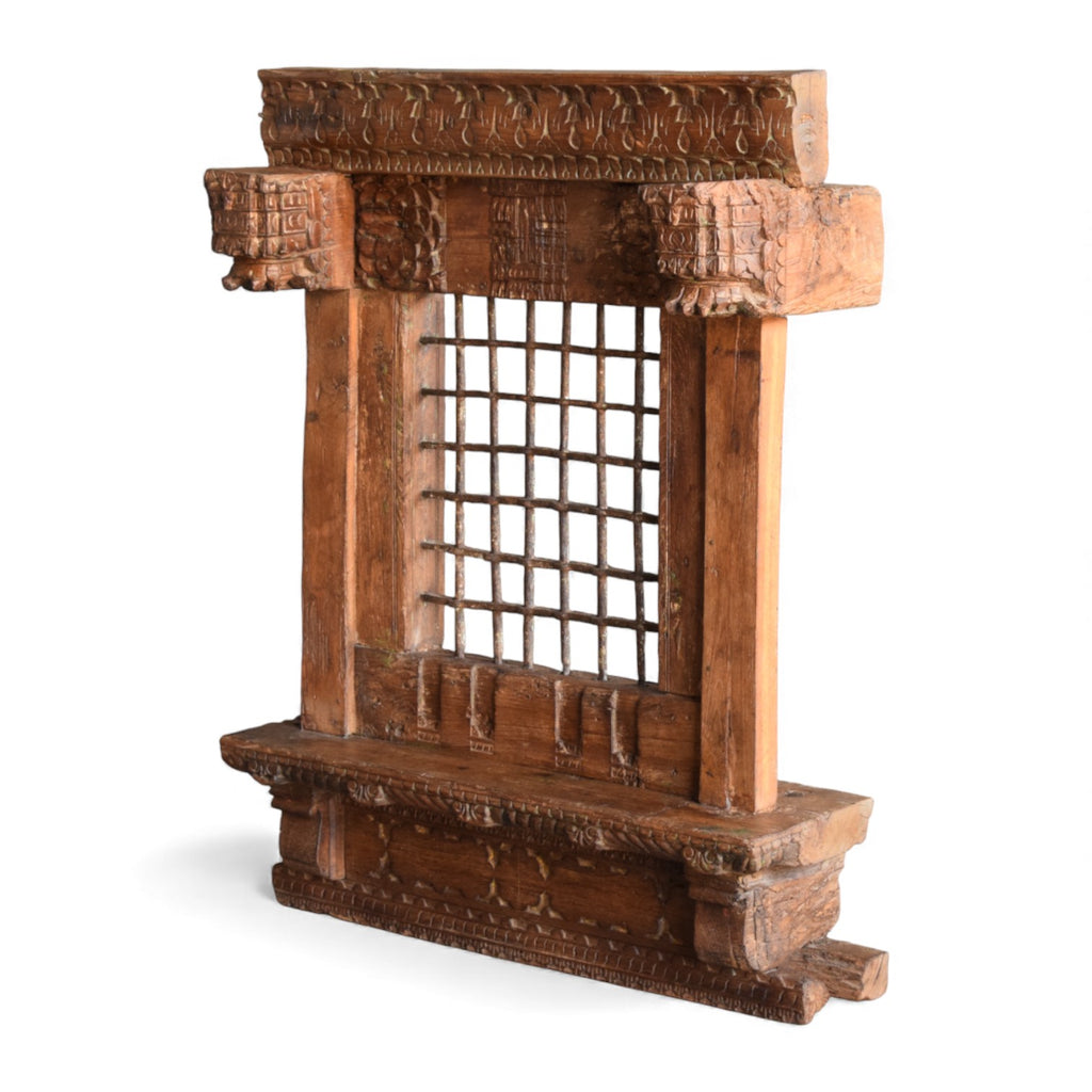 Vintage Wooden Jharokha Frame with Iron Grid