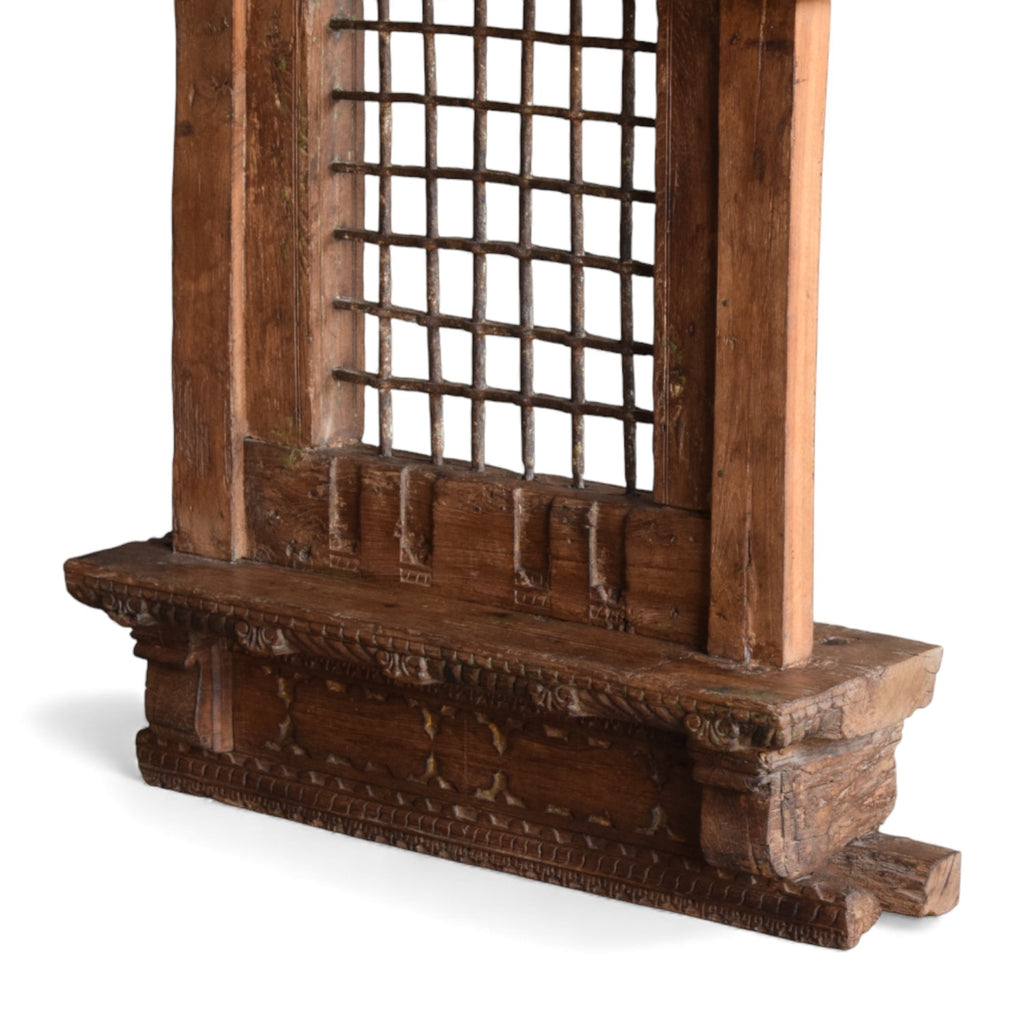 Vintage Wooden Jharokha Frame with Iron Grid