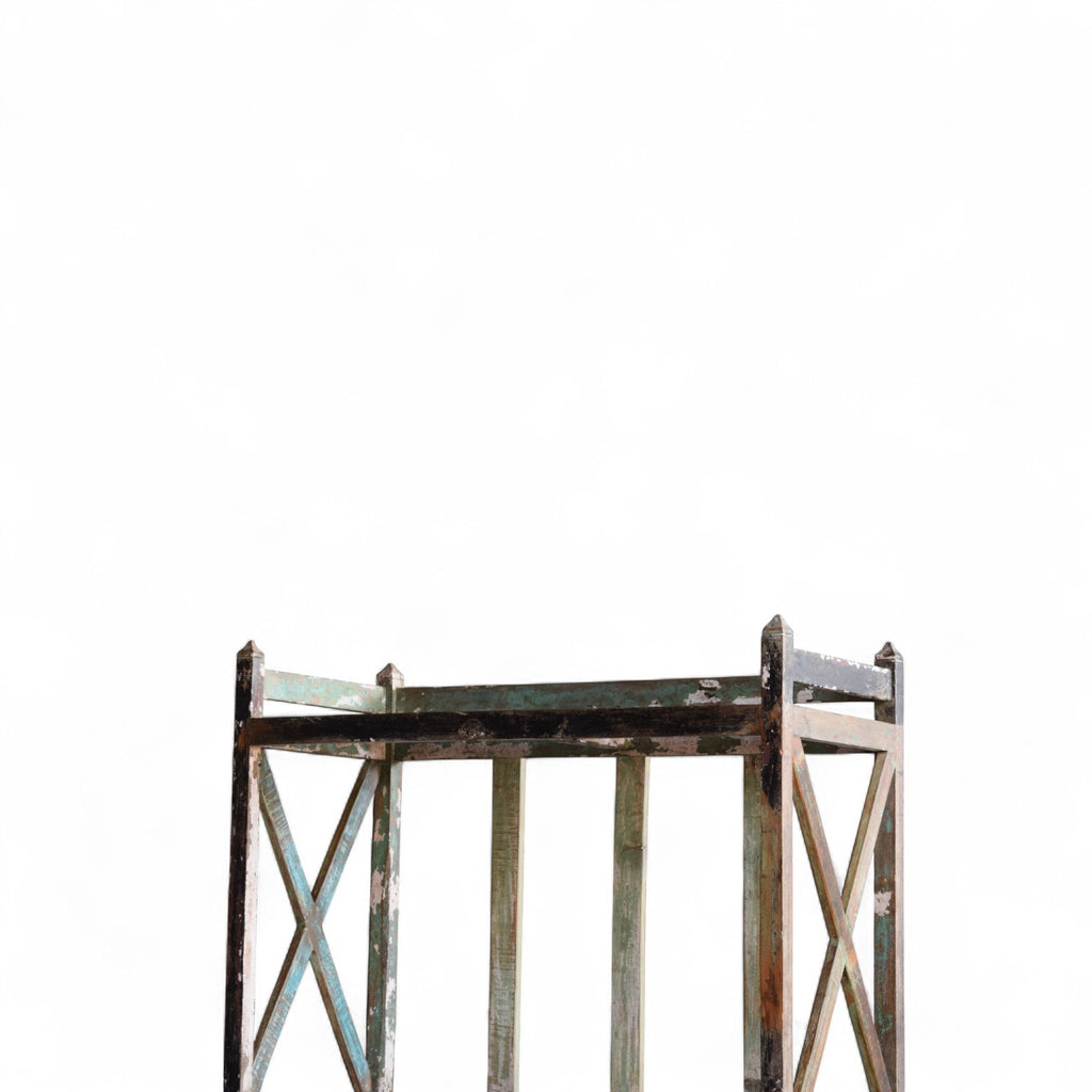Vintage Indian Slatted Three-Tier Shelf with Cross Bracing