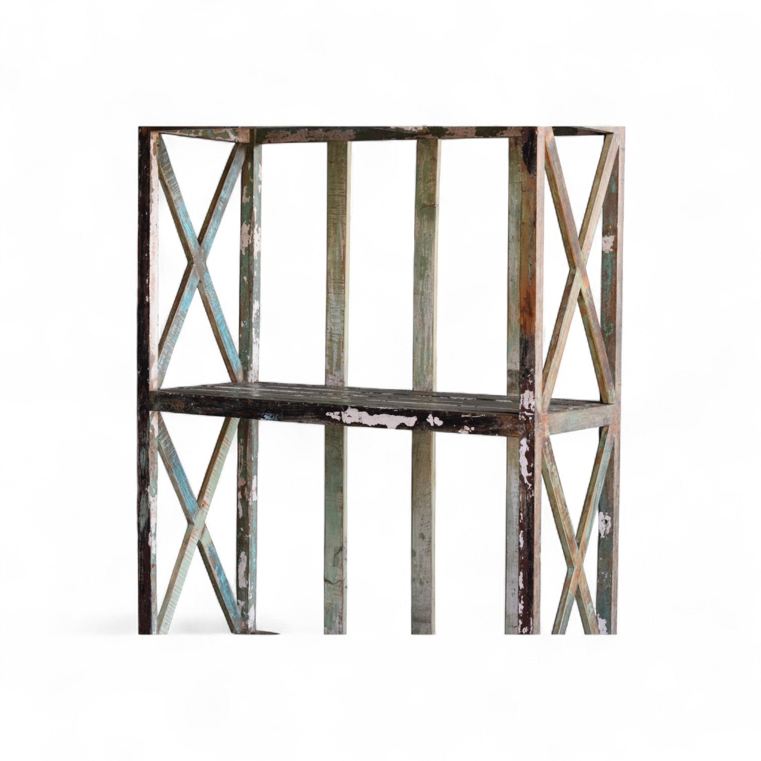 Vintage Indian Slatted Three-Tier Shelf with Cross Bracing