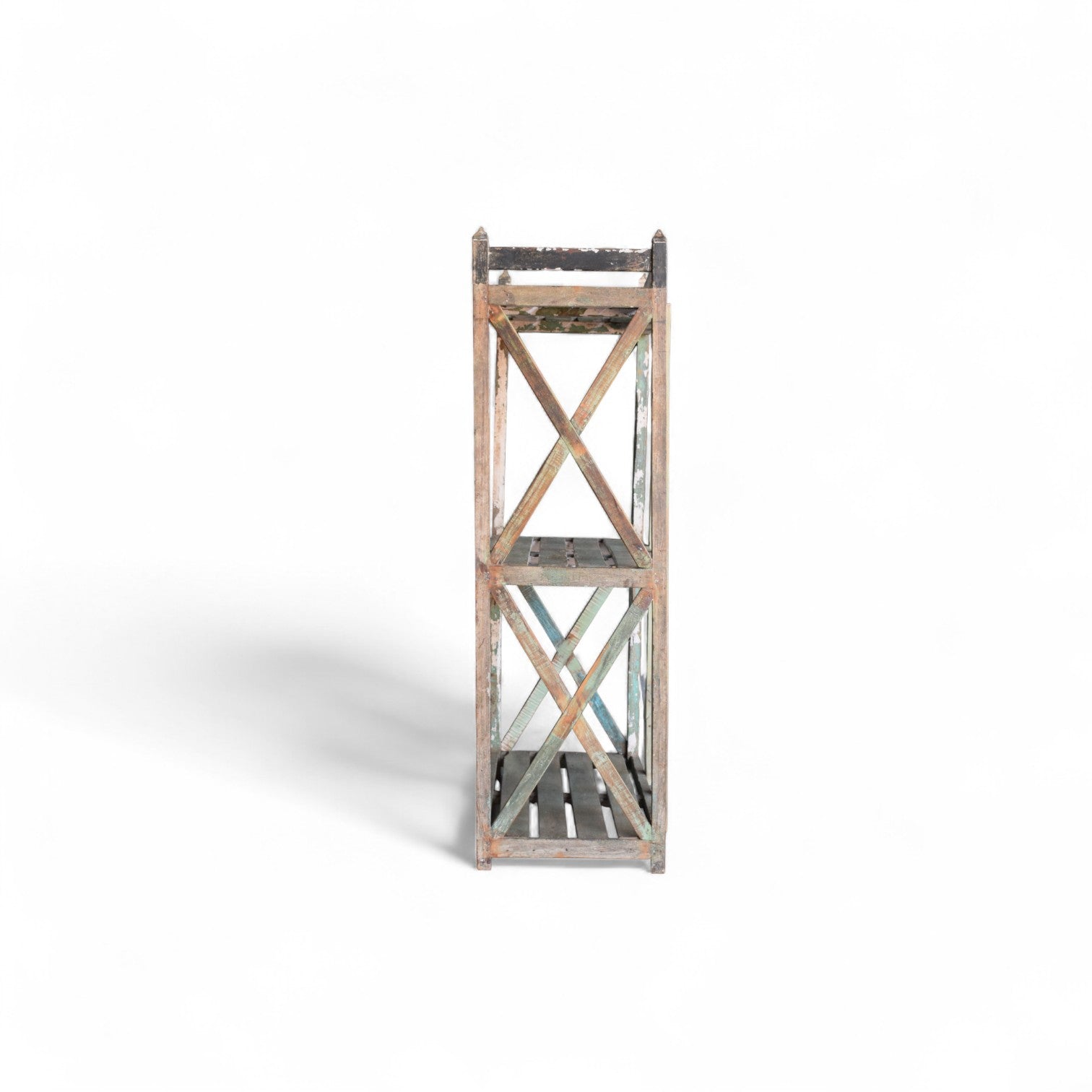 Vintage Indian Slatted Three-Tier Shelf with Cross Bracing