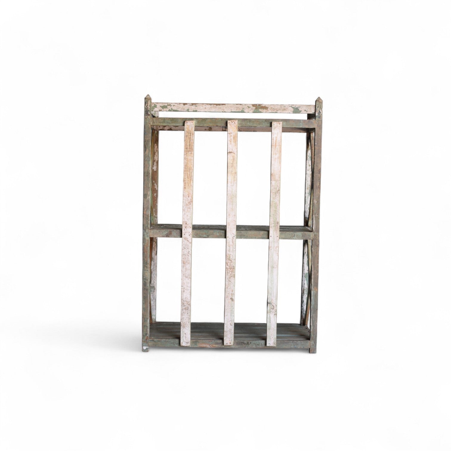 Vintage Indian Slatted Three-Tier Shelf with Cross Bracing