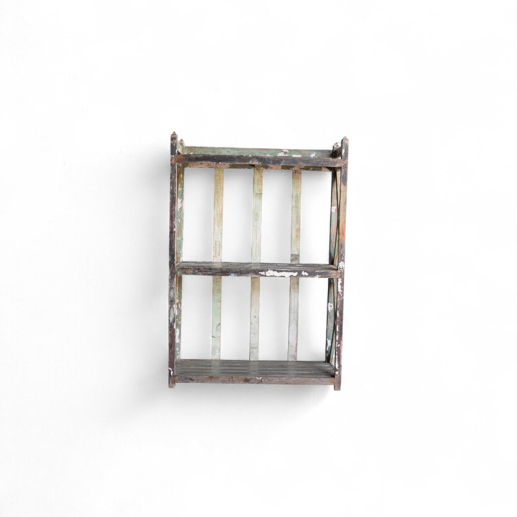 Vintage Indian Slatted Three-Tier Shelf with Cross Bracing