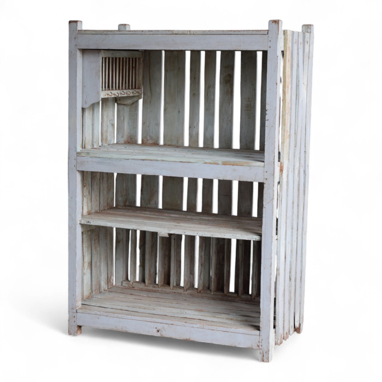 Vintage Indian Slatted Three-Tier Shelf – Distressed White