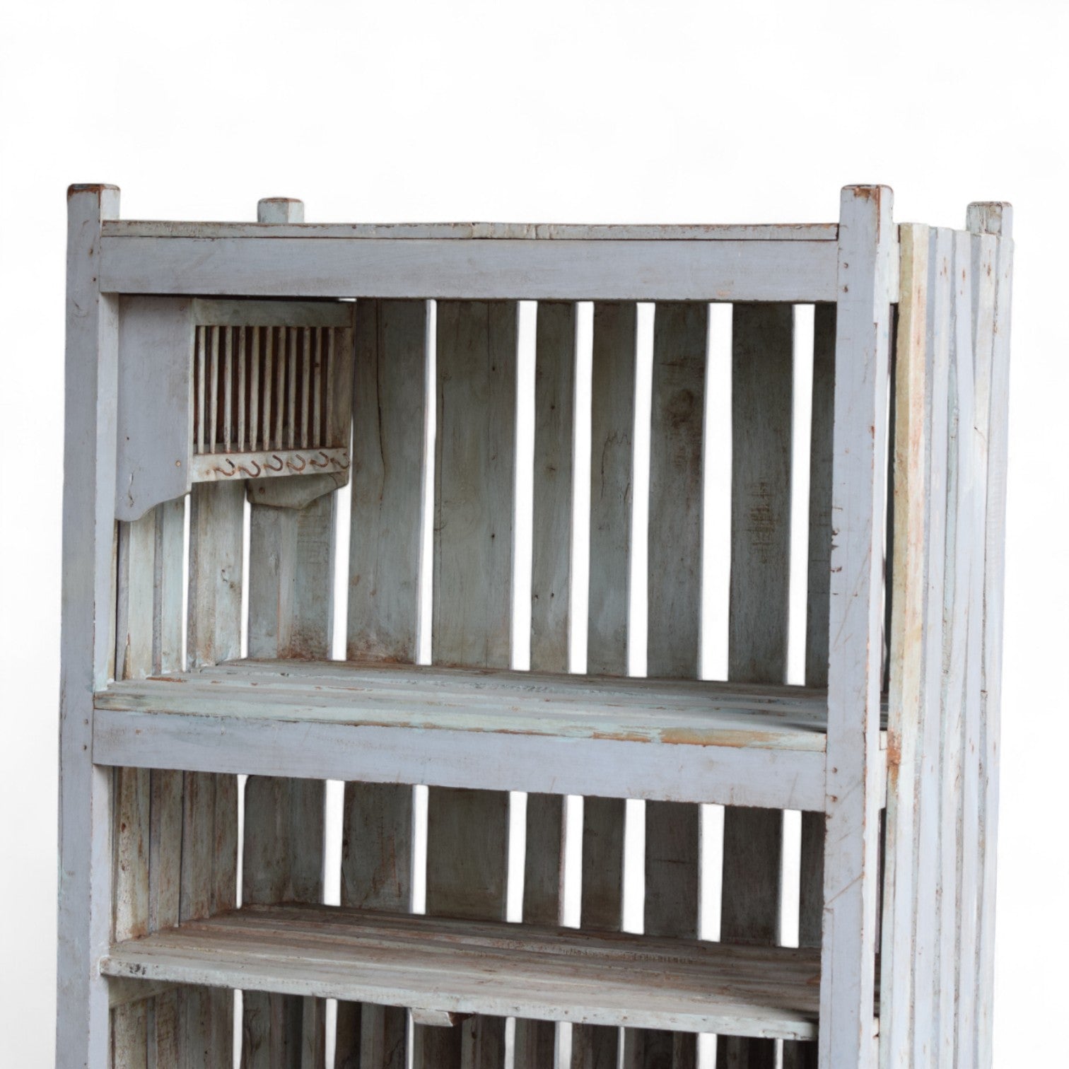 Vintage Indian Slatted Three-Tier Shelf – Distressed White