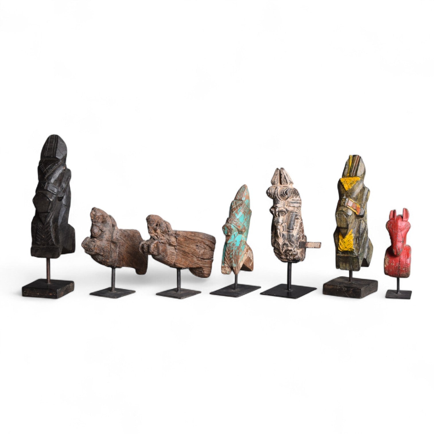 Vintage Indian Carved Wooden Horse Head Figures on Stands&nbsp;