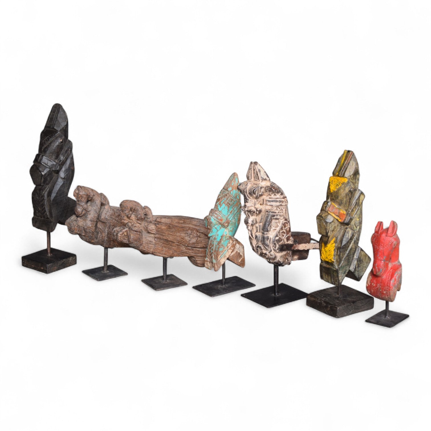 Vintage Indian Carved Wooden Horse Head Figures on Stands&nbsp;