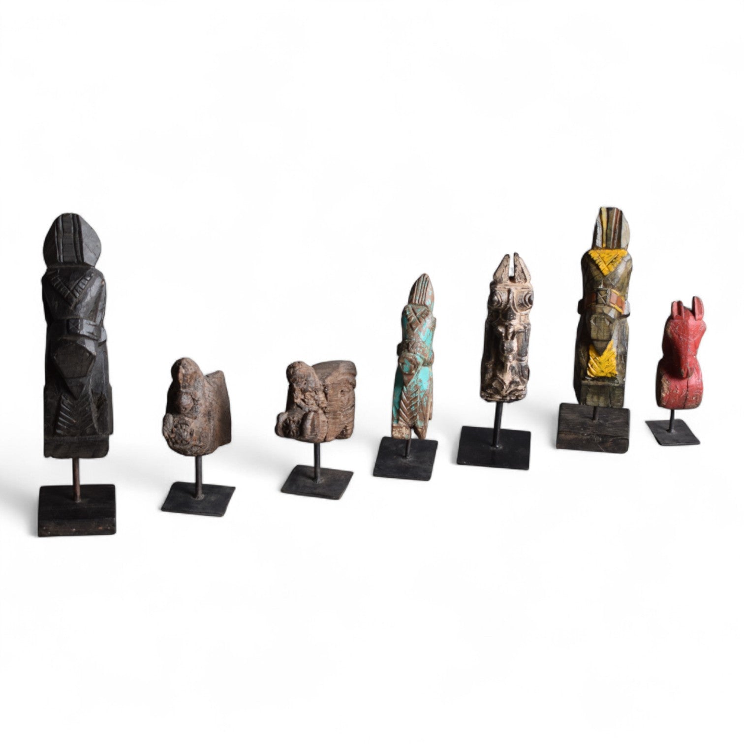 Vintage Indian Carved Wooden Horse Head Figures on Stands&nbsp;