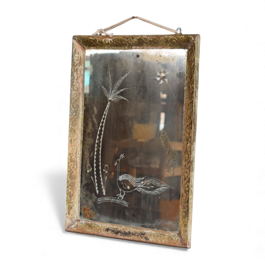Vintage Indian Fair Trade Recycled Teak Mirror with Etched Glass