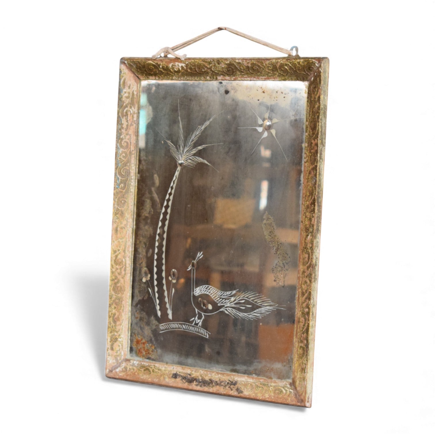 Vintage Indian Fair Trade Recycled Teak Mirror with Etched Glass