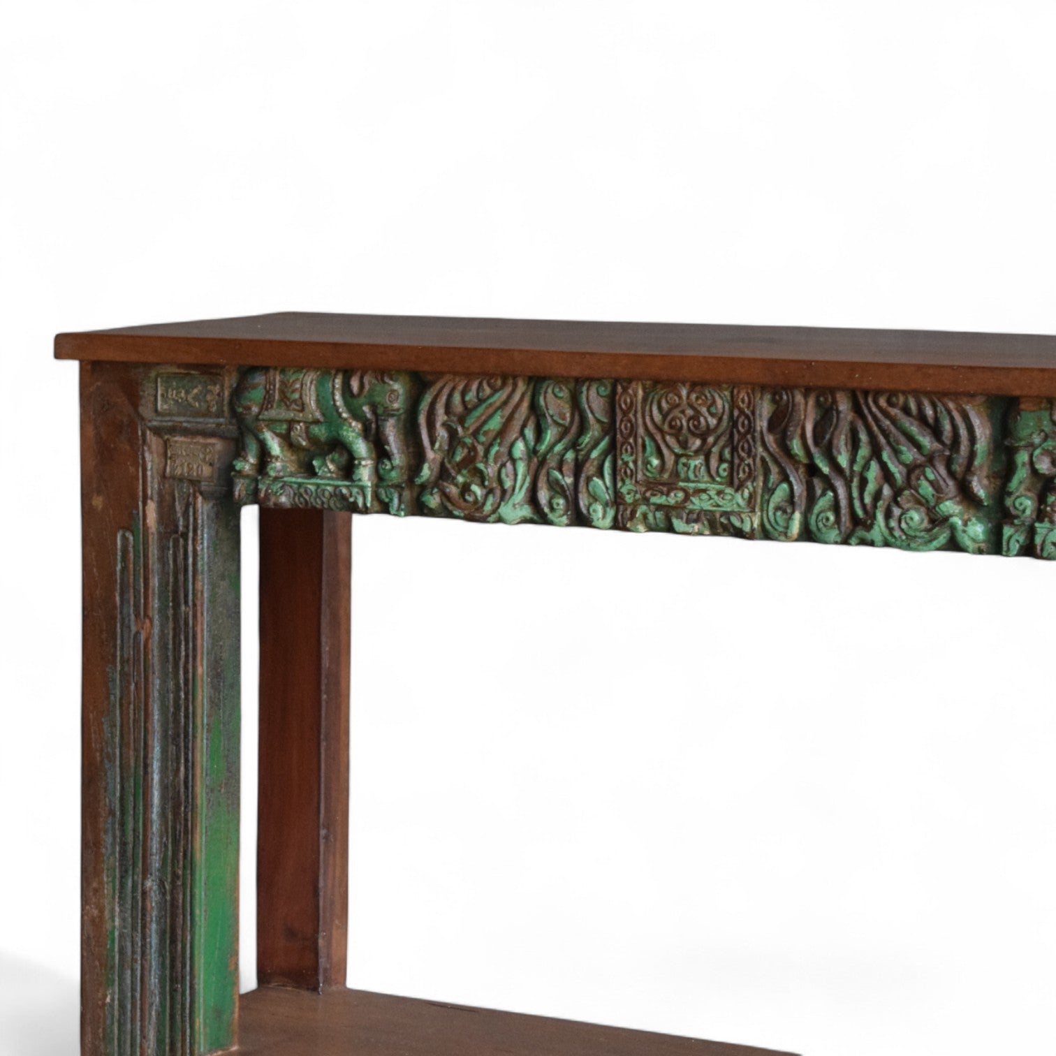 Hand-Carved Wooden Console Table with Distressed Green Detail