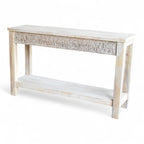 Hand-Carved Whitewashed Wooden Console Table with Shelf