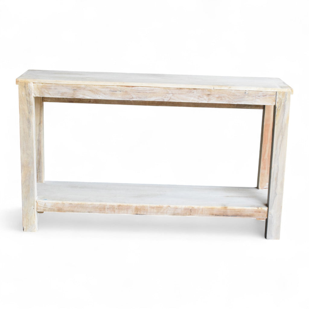 Hand-Carved Whitewashed Wooden Console Table with Shelf