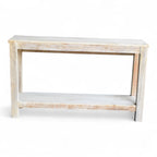 Hand-Carved Whitewashed Wooden Console Table with Shelf