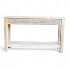 Hand-Carved Whitewashed Wooden Console Table with Shelf