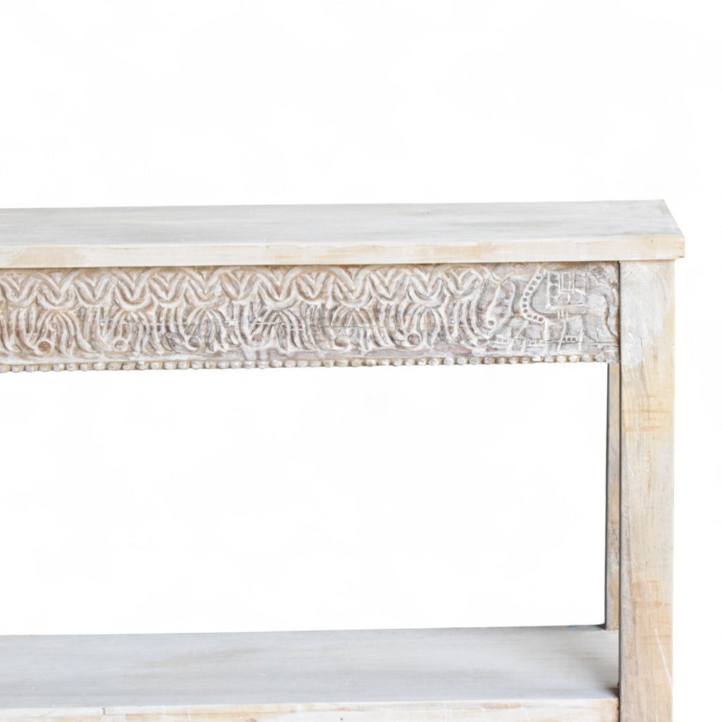 Hand-Carved Whitewashed Wooden Console Table with Shelf