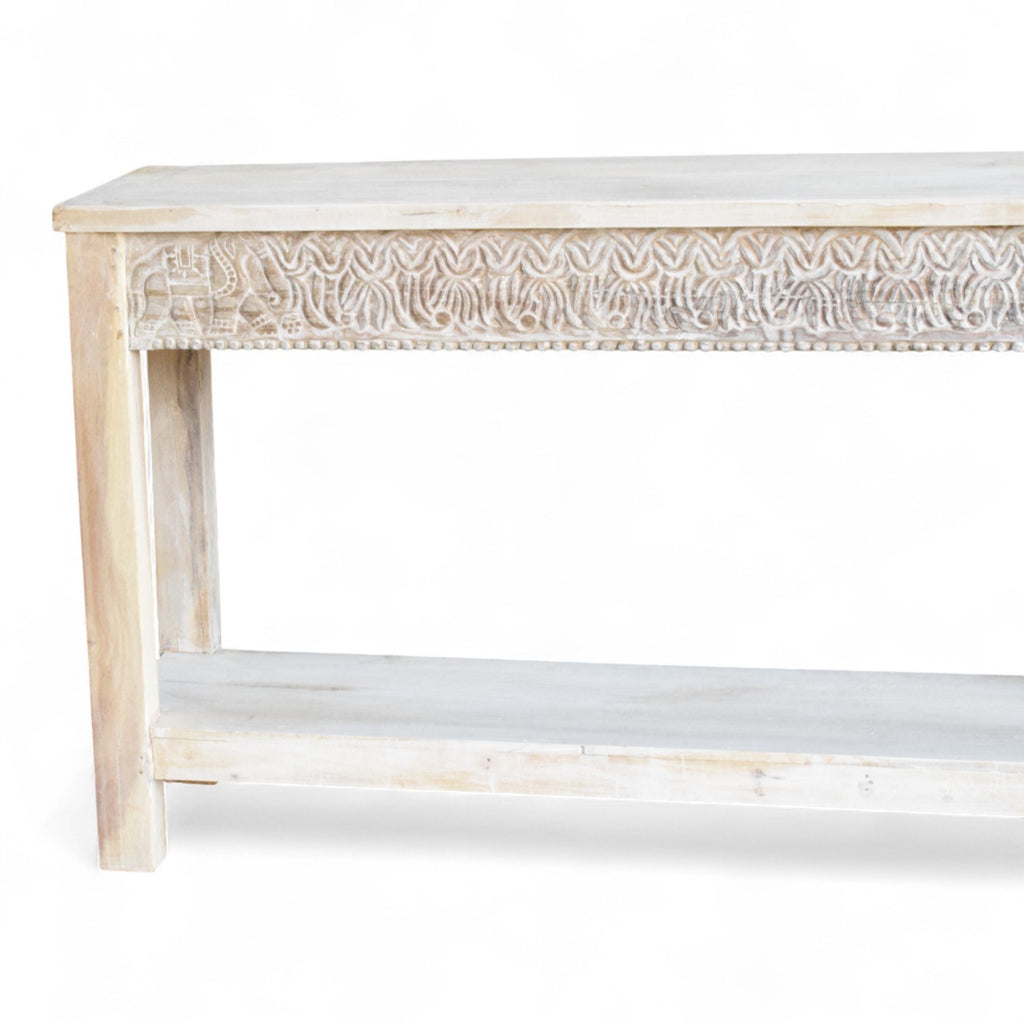 Hand-Carved Whitewashed Wooden Console Table with Shelf