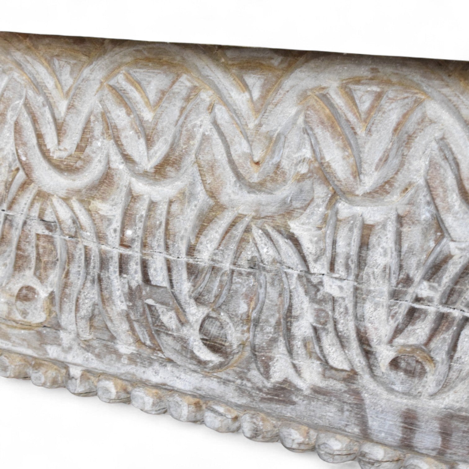 Hand-Carved Whitewashed Wooden Console Table with Shelf