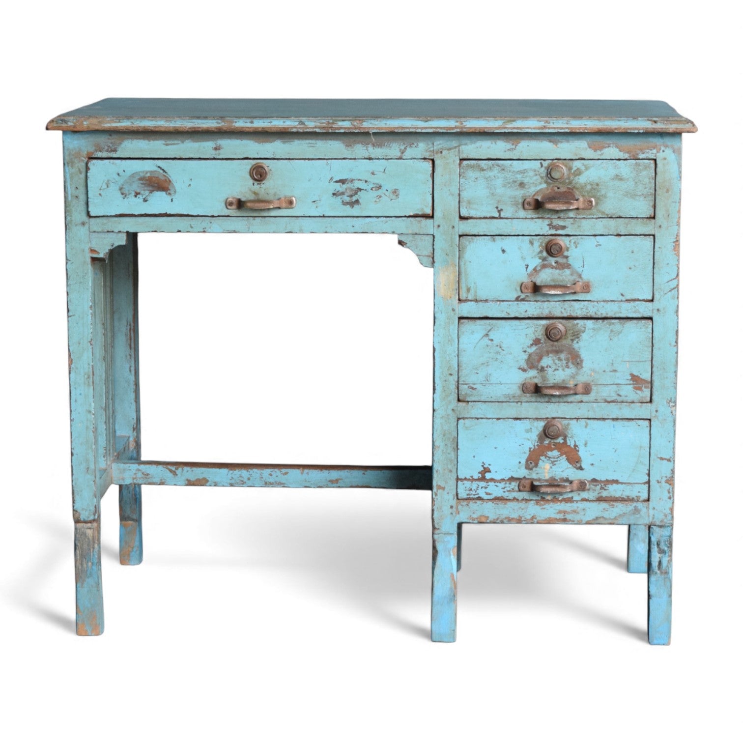 Vintage Teak Desk with Drawers – Distressed Blue Finish