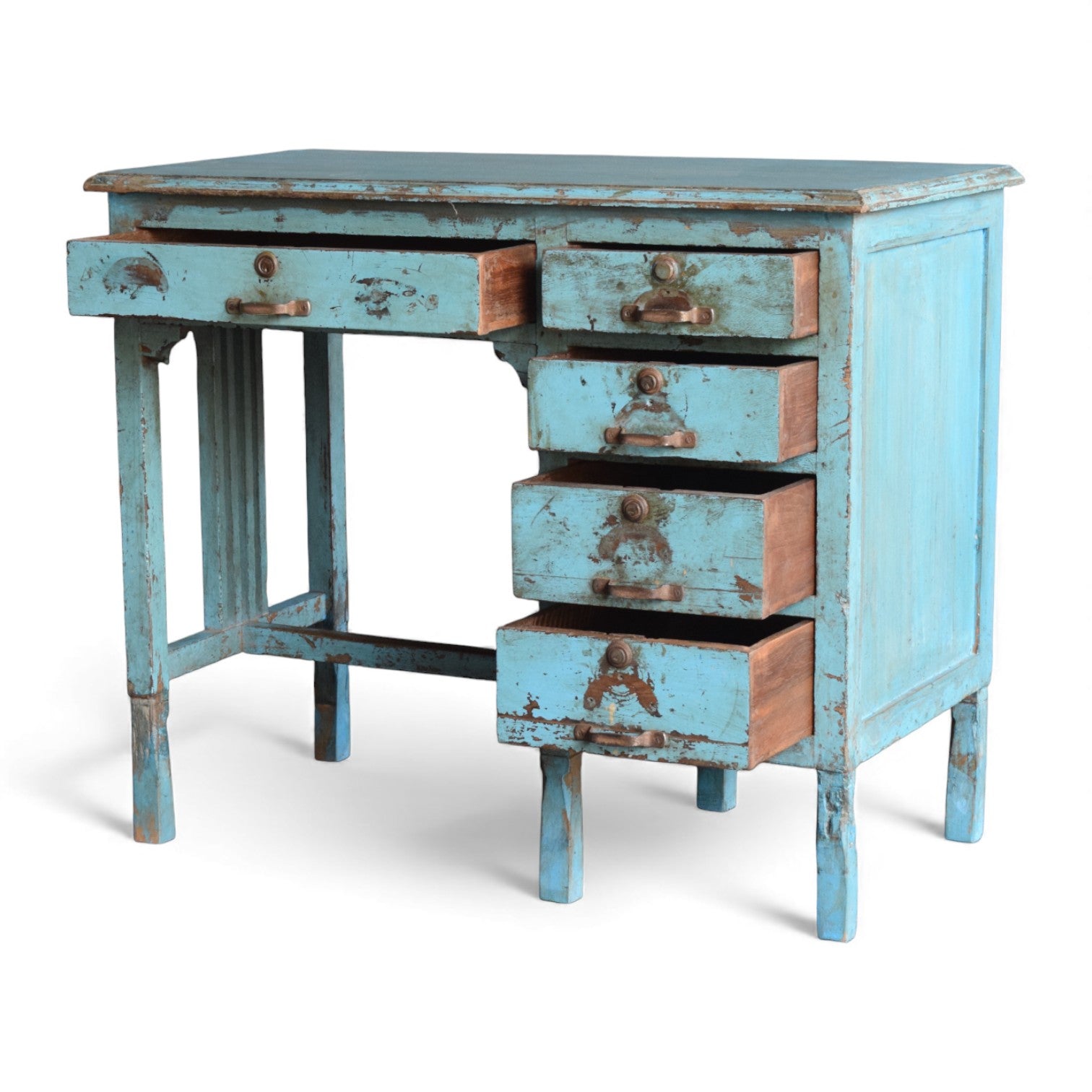 Vintage Teak Desk with Drawers – Distressed Blue Finish