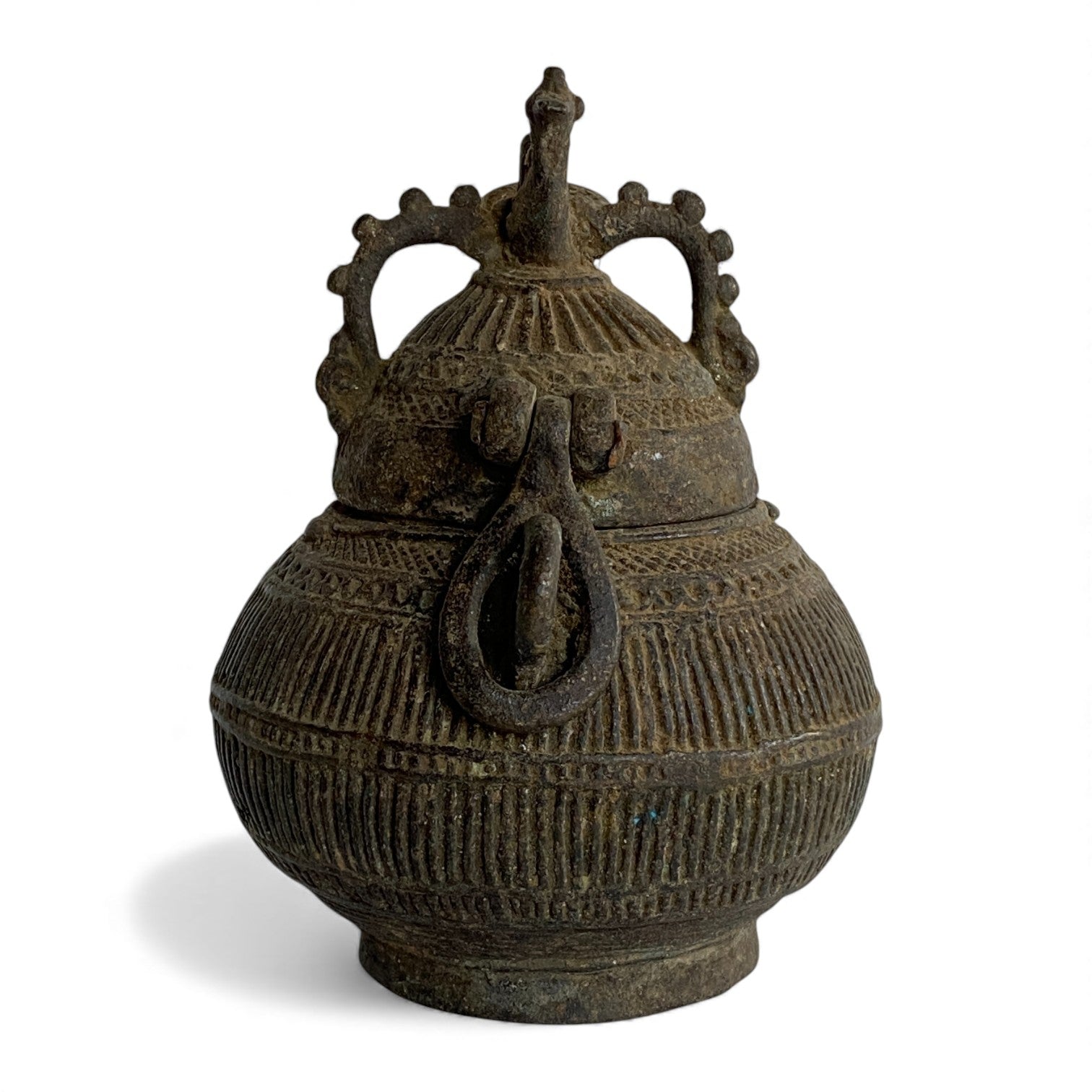 Vintage Indian Brass Peacock Lidded Vessel