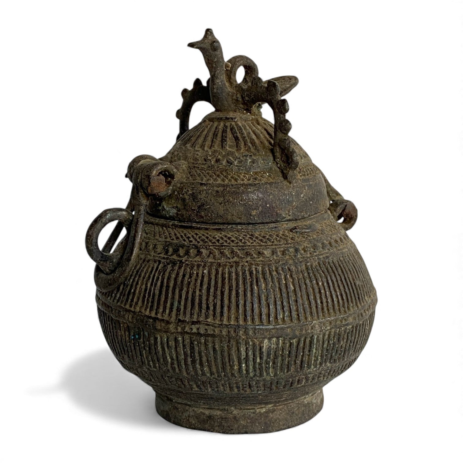 Vintage Indian Brass Peacock Lidded Vessel