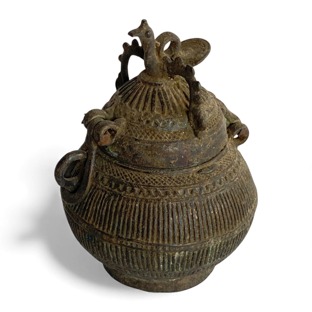 Vintage Indian Brass Peacock Lidded Vessel