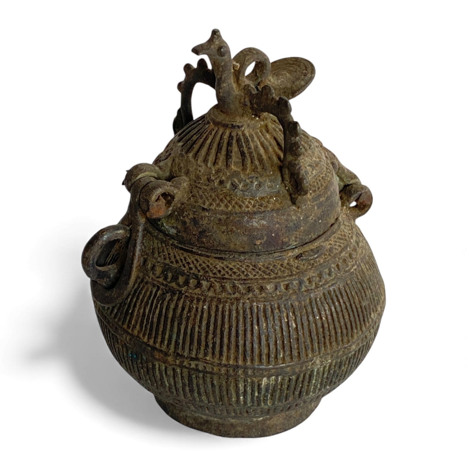 Vintage Indian Brass Peacock Lidded Vessel